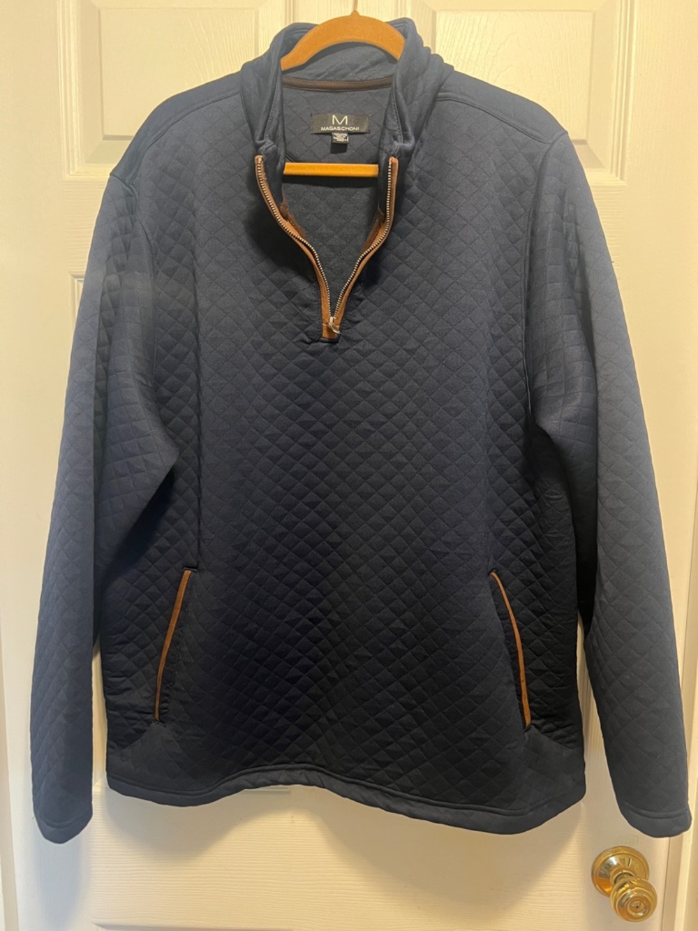 Quilted Navy Half-Zip Pullover with Contrast Trim